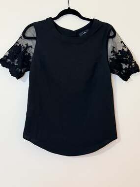 Lulus Black Short Sleeve Blouse with Floral Lace Detail